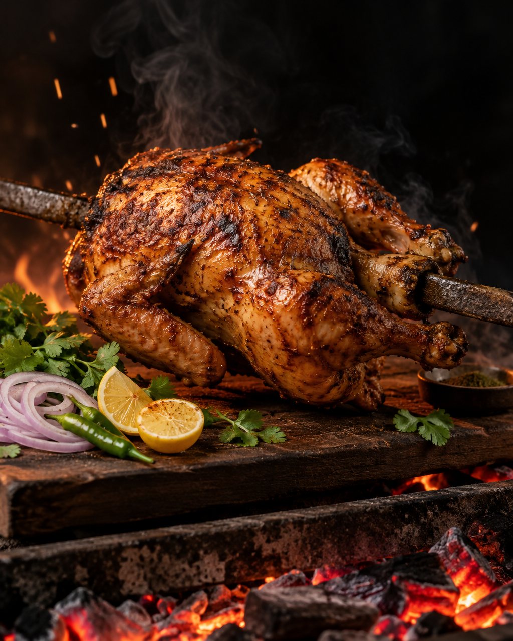 A whole Balochi sajji, roasted golden over glowing coal